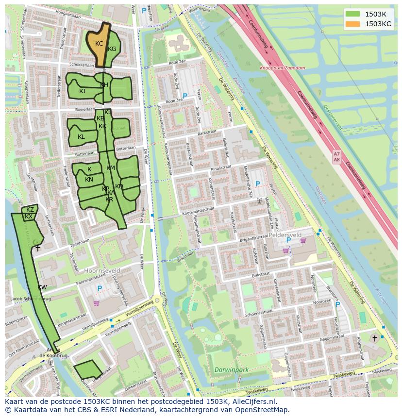 Afbeelding van het postcodegebied 1503 KC op de kaart.