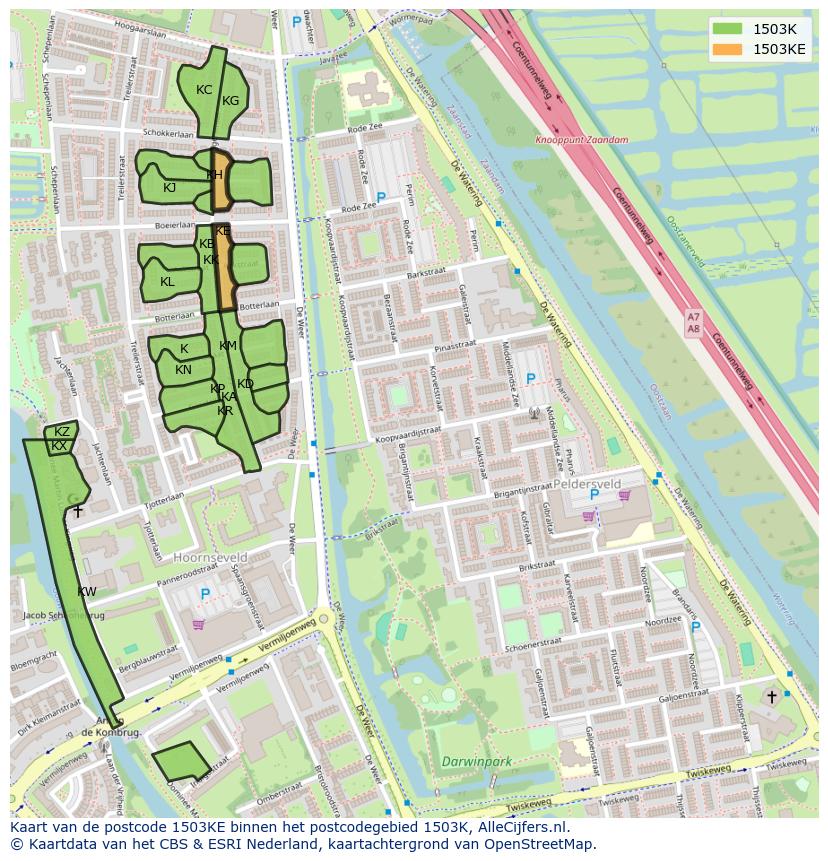 Afbeelding van het postcodegebied 1503 KE op de kaart.