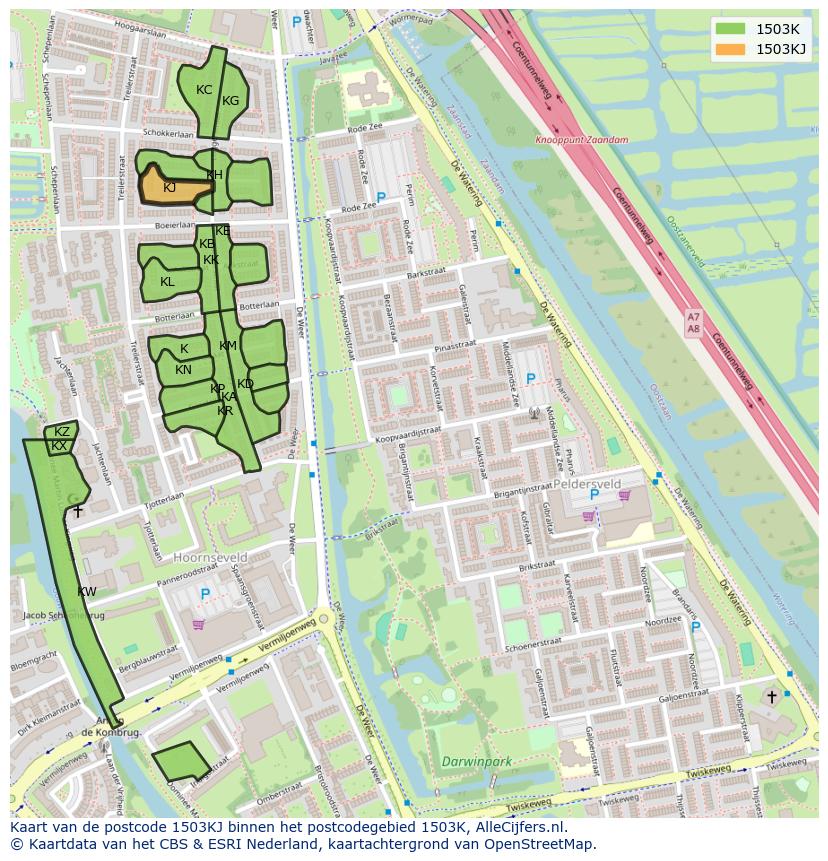 Afbeelding van het postcodegebied 1503 KJ op de kaart.