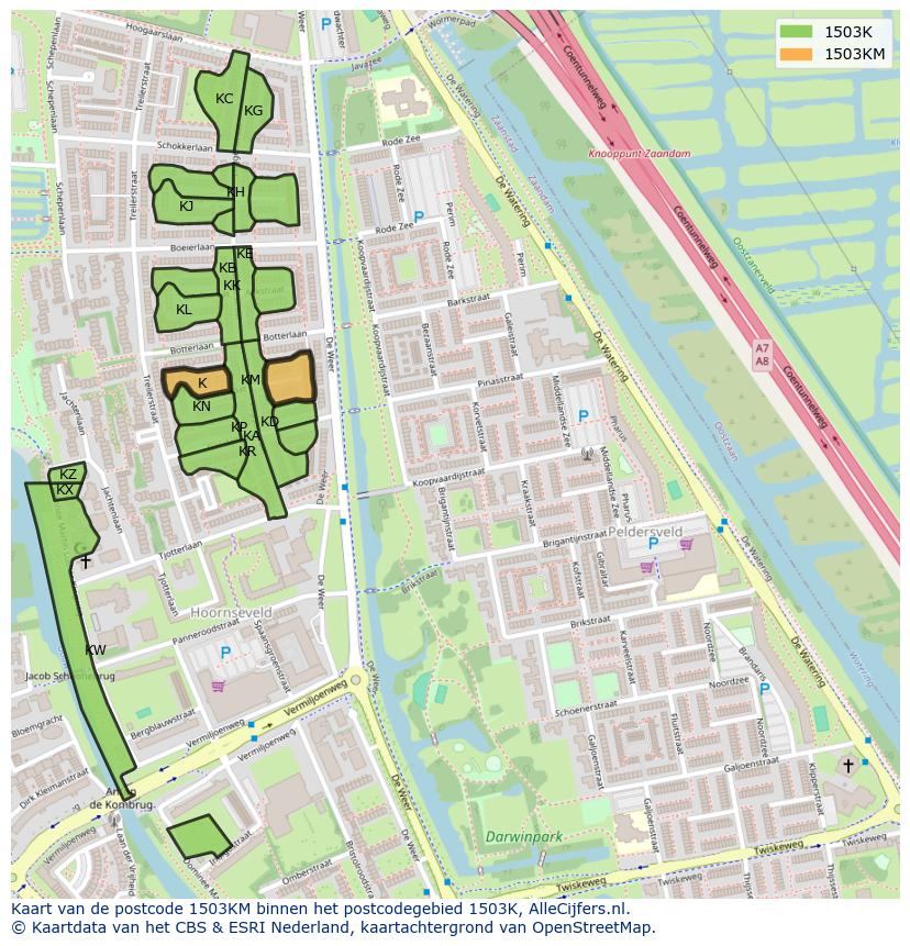 Afbeelding van het postcodegebied 1503 KM op de kaart.