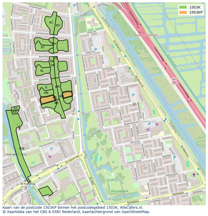 Afbeelding van het postcodegebied 1503 KP op de kaart.