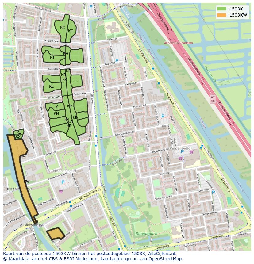 Afbeelding van het postcodegebied 1503 KW op de kaart.