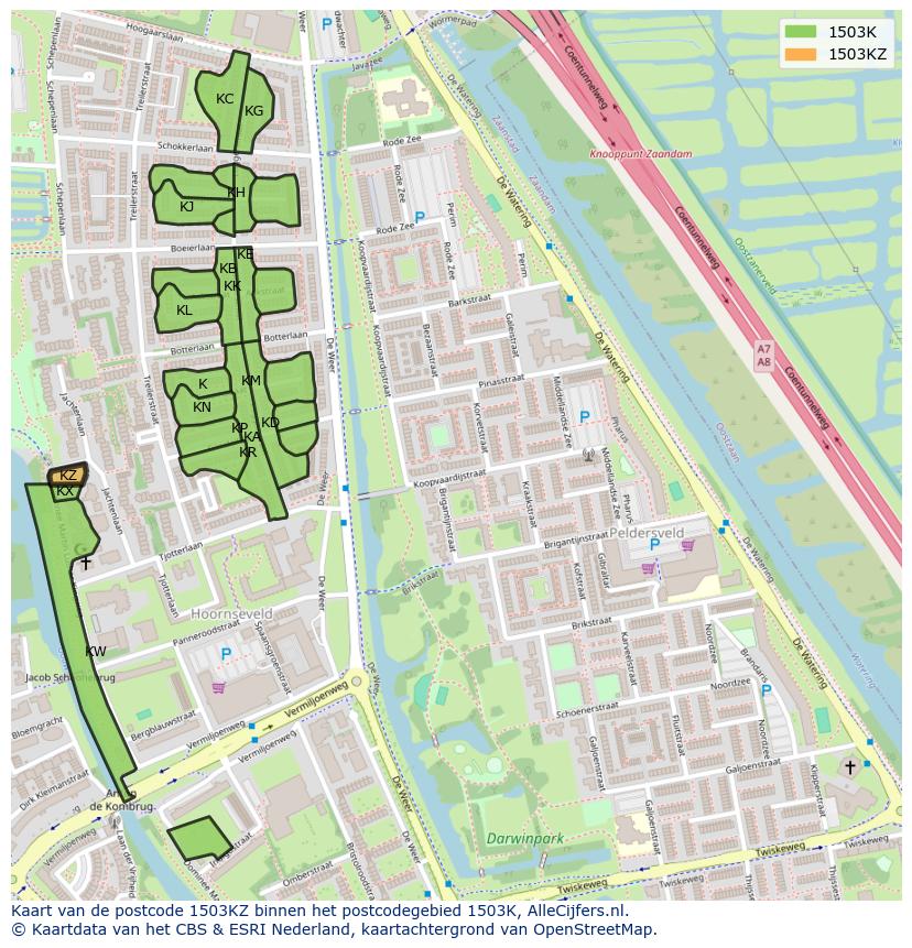 Afbeelding van het postcodegebied 1503 KZ op de kaart.