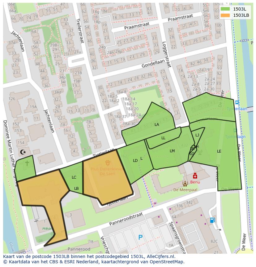 Afbeelding van het postcodegebied 1503 LB op de kaart.