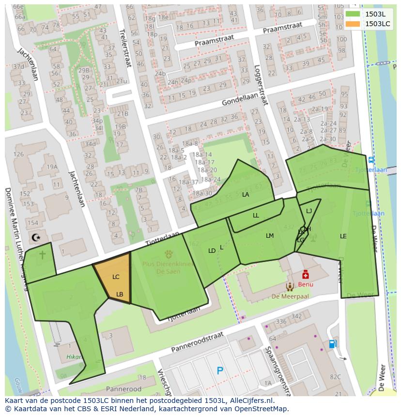 Afbeelding van het postcodegebied 1503 LC op de kaart.