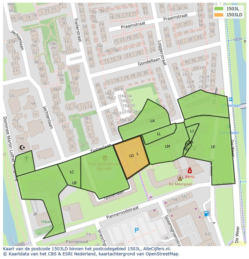 Afbeelding van het postcodegebied 1503 LD op de kaart.