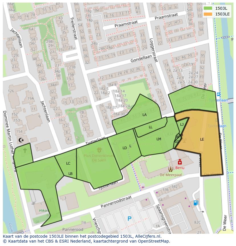 Afbeelding van het postcodegebied 1503 LE op de kaart.