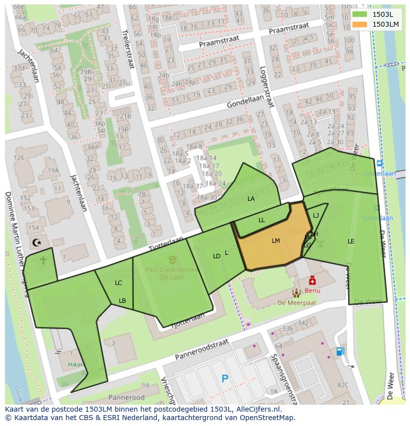 Afbeelding van het postcodegebied 1503 LM op de kaart.