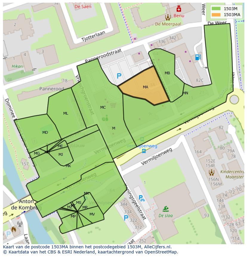Afbeelding van het postcodegebied 1503 MA op de kaart.