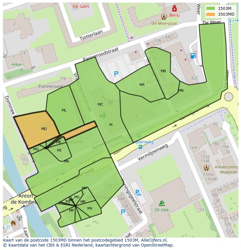 Afbeelding van het postcodegebied 1503 MD op de kaart.
