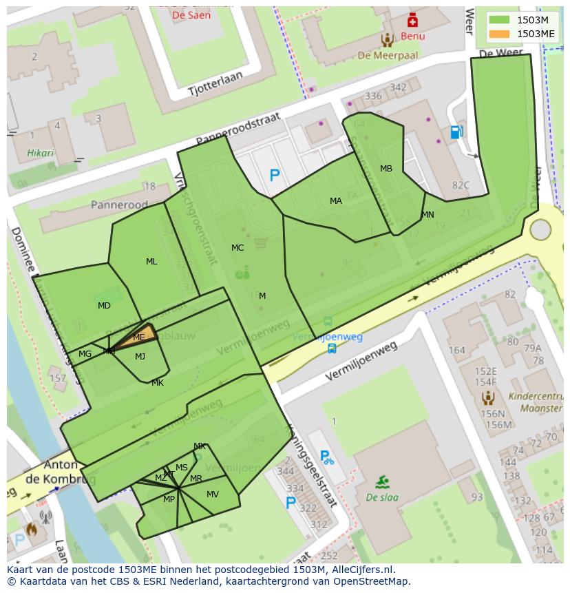 Afbeelding van het postcodegebied 1503 ME op de kaart.