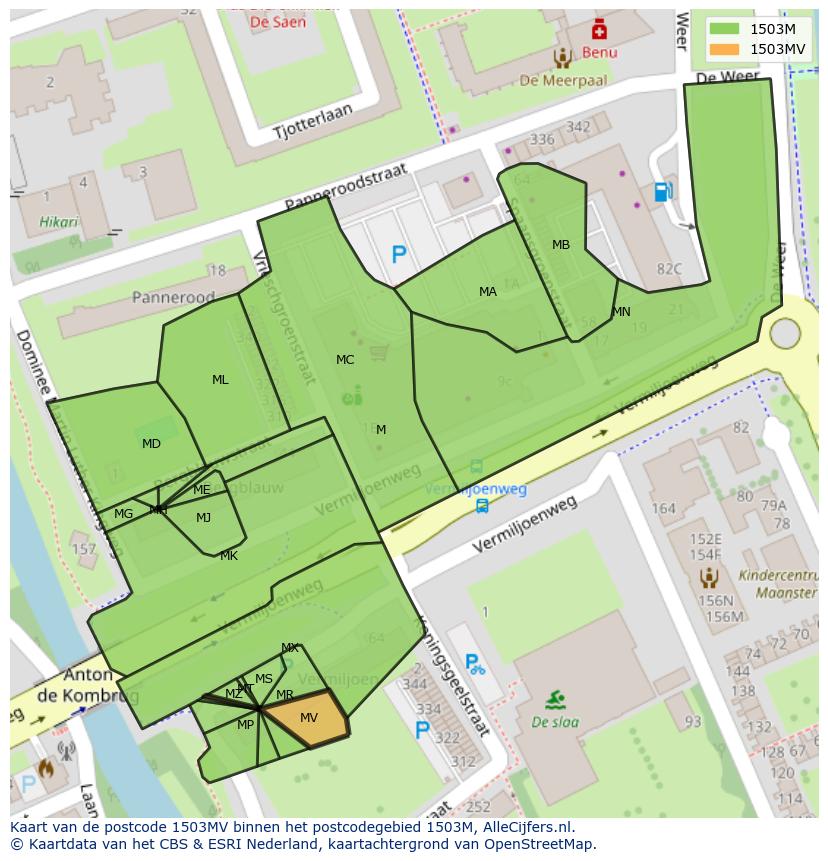 Afbeelding van het postcodegebied 1503 MV op de kaart.