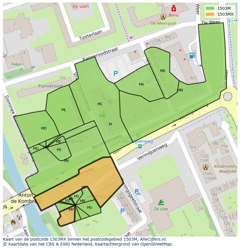 Afbeelding van het postcodegebied 1503 MX op de kaart.