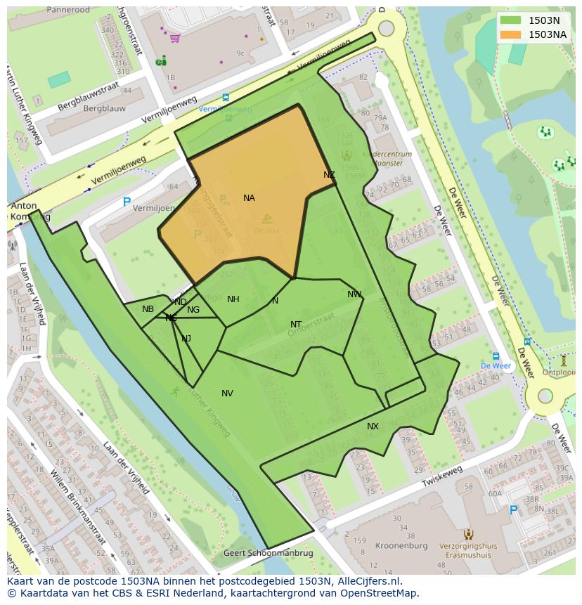 Afbeelding van het postcodegebied 1503 NA op de kaart.
