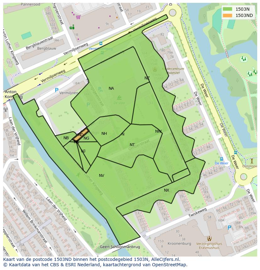 Afbeelding van het postcodegebied 1503 ND op de kaart.