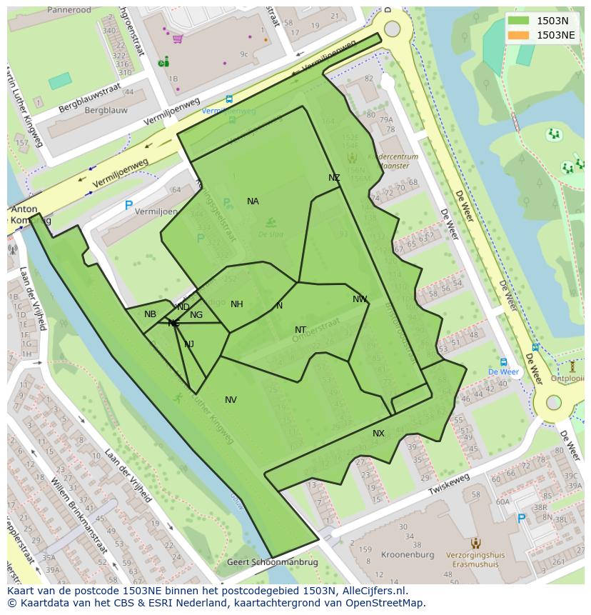 Afbeelding van het postcodegebied 1503 NE op de kaart.