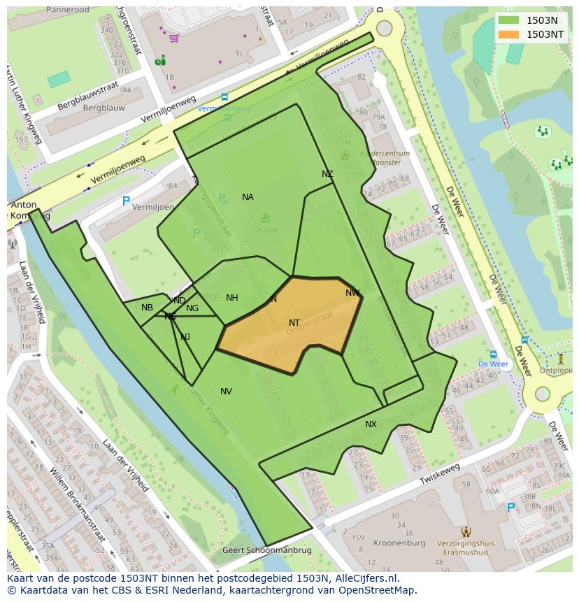 Afbeelding van het postcodegebied 1503 NT op de kaart.