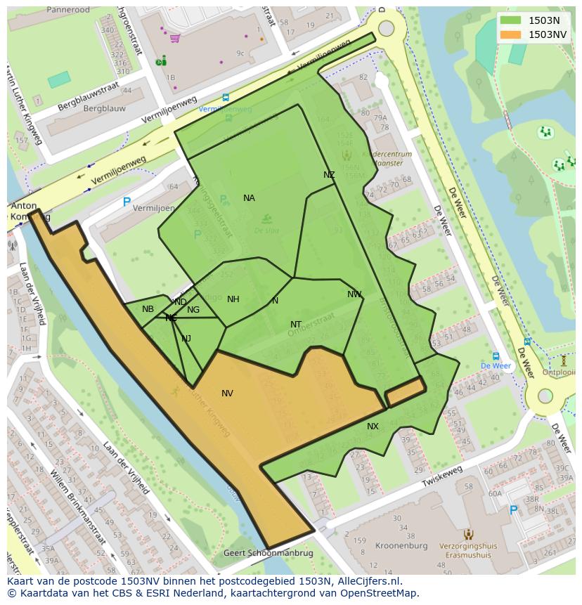 Afbeelding van het postcodegebied 1503 NV op de kaart.