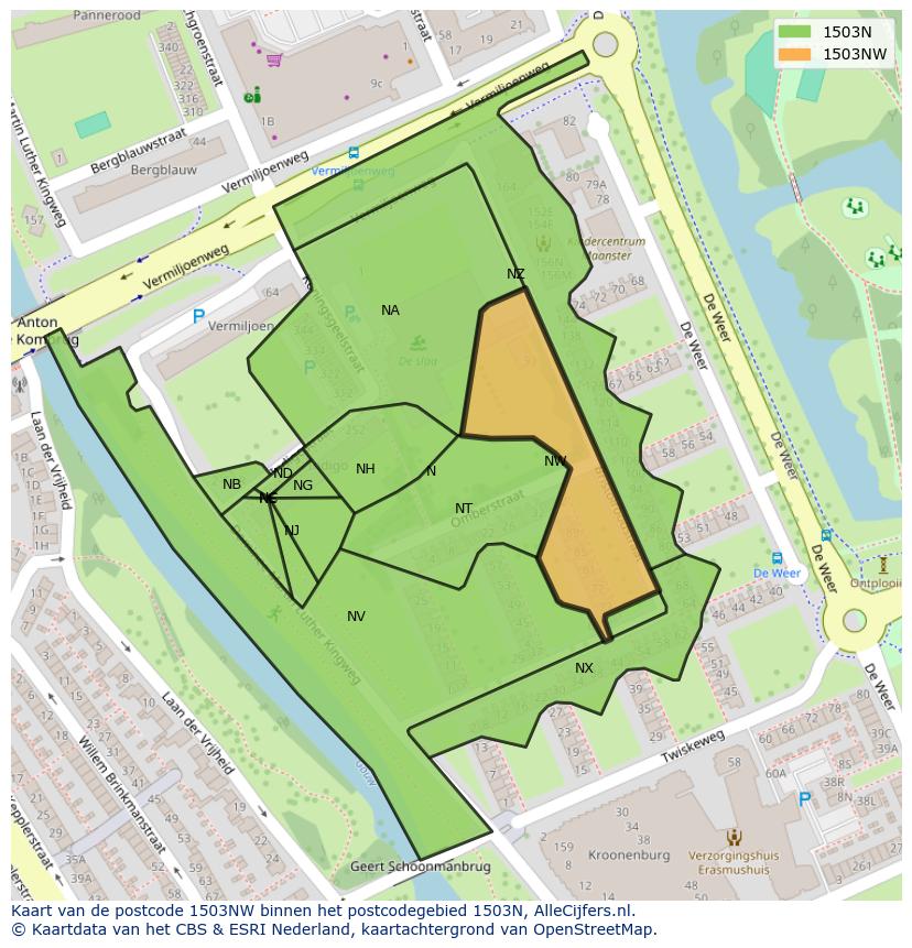 Afbeelding van het postcodegebied 1503 NW op de kaart.