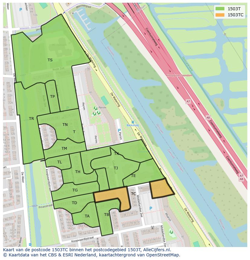 Afbeelding van het postcodegebied 1503 TC op de kaart.