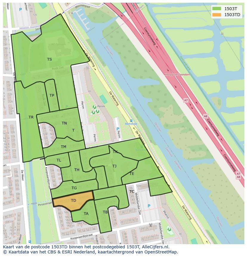 Afbeelding van het postcodegebied 1503 TD op de kaart.