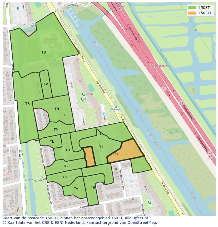 Afbeelding van het postcodegebied 1503 TE op de kaart.