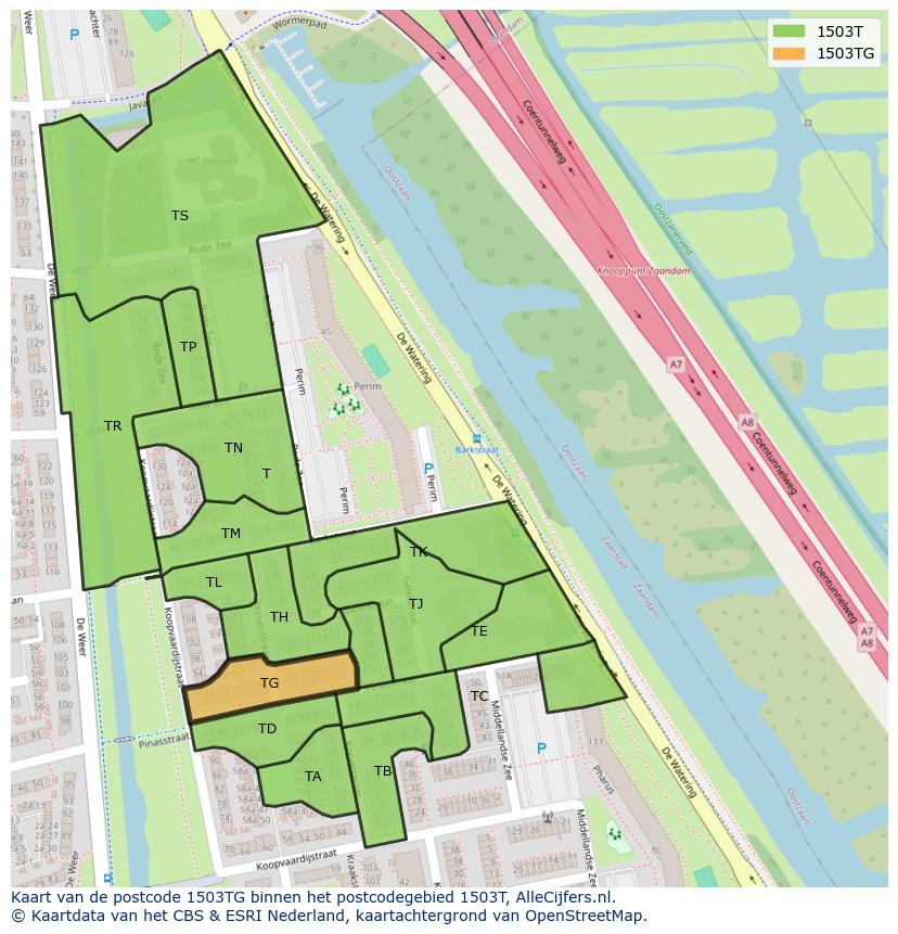 Afbeelding van het postcodegebied 1503 TG op de kaart.