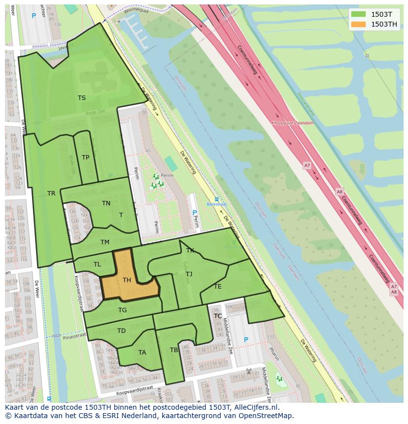 Afbeelding van het postcodegebied 1503 TH op de kaart.