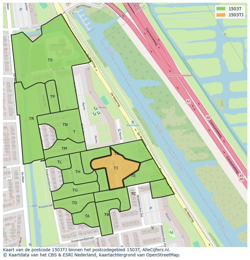 Afbeelding van het postcodegebied 1503 TJ op de kaart.