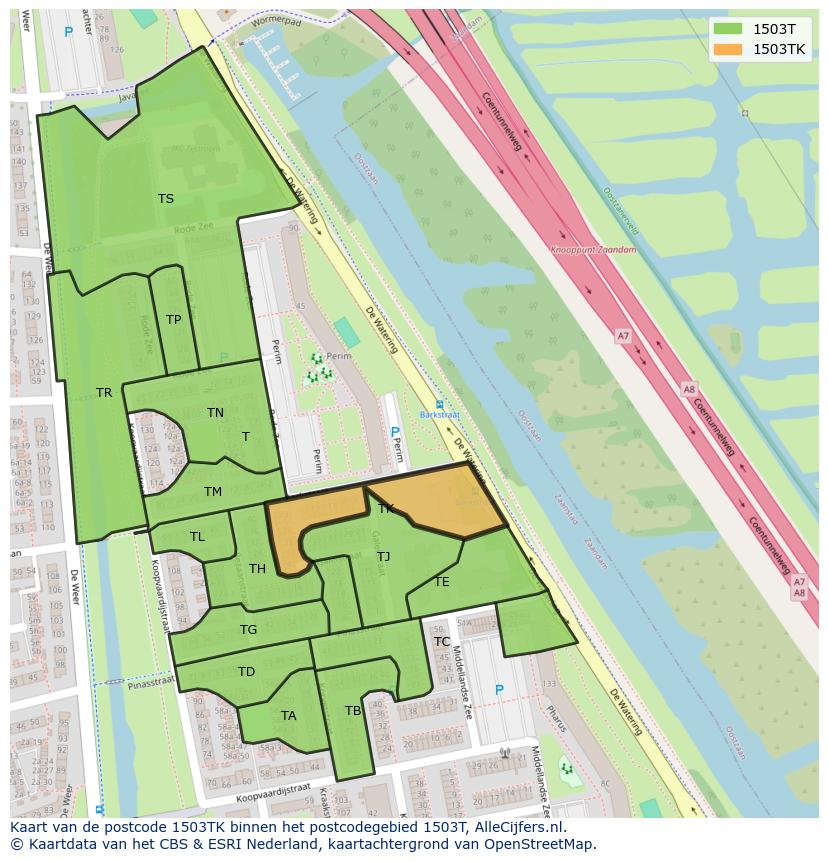 Afbeelding van het postcodegebied 1503 TK op de kaart.
