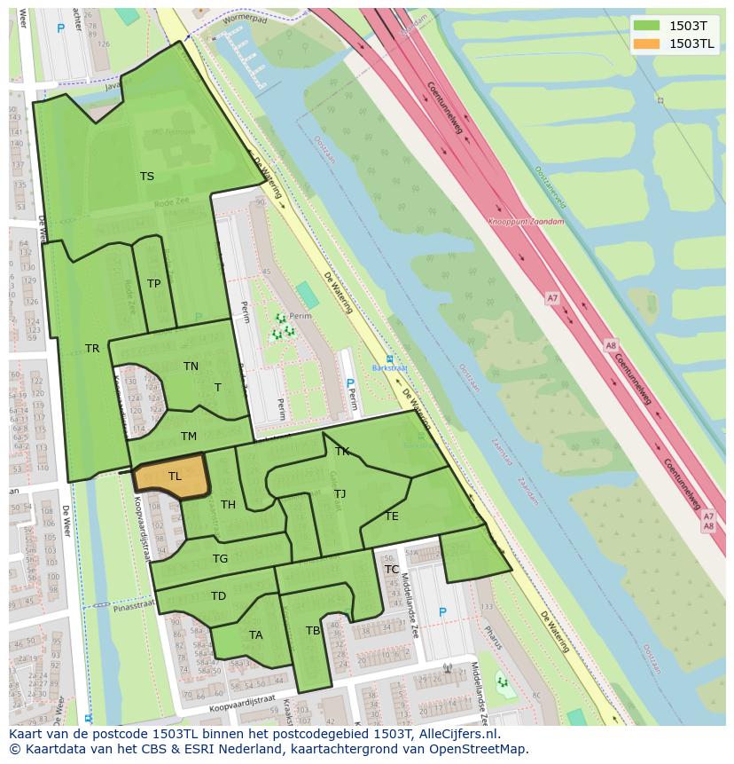 Afbeelding van het postcodegebied 1503 TL op de kaart.