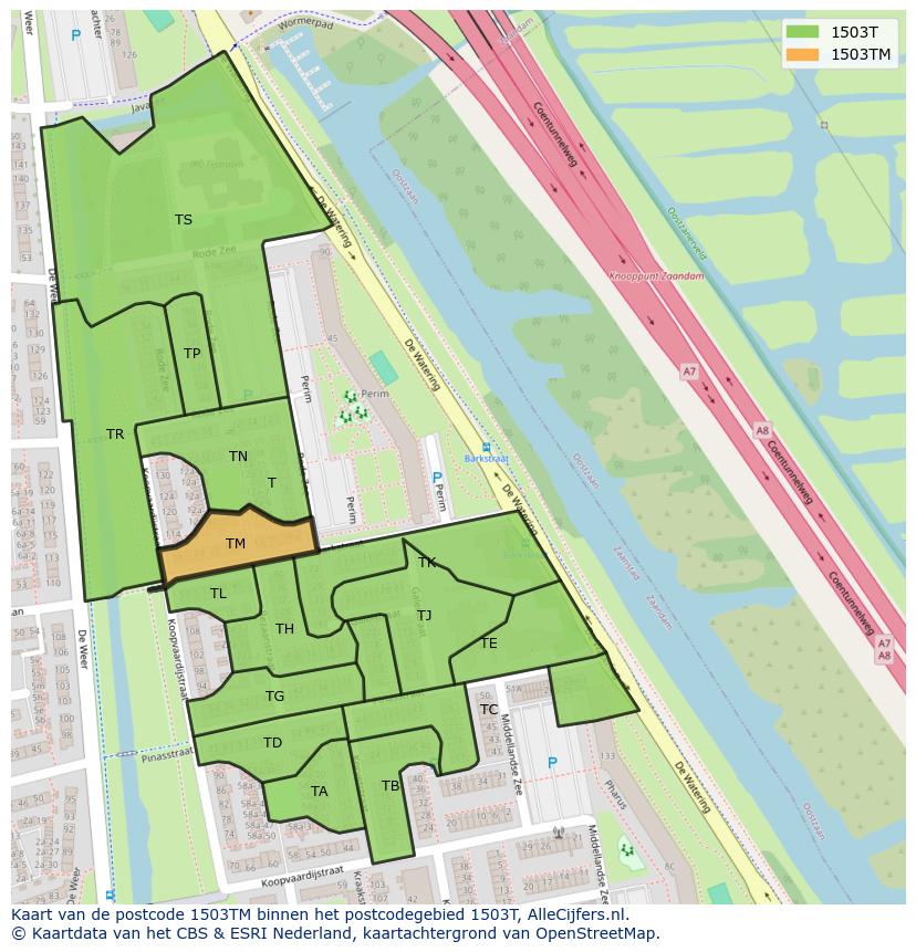 Afbeelding van het postcodegebied 1503 TM op de kaart.