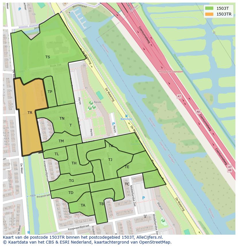 Afbeelding van het postcodegebied 1503 TR op de kaart.
