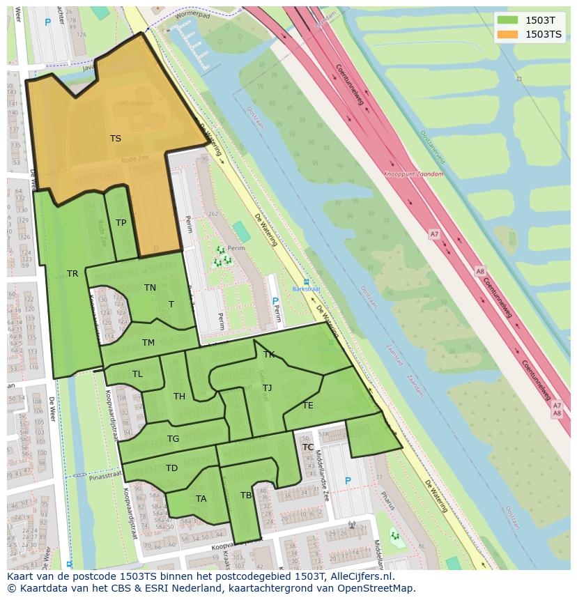 Afbeelding van het postcodegebied 1503 TS op de kaart.