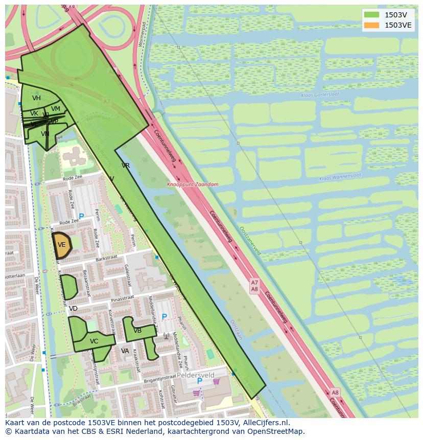 Afbeelding van het postcodegebied 1503 VE op de kaart.