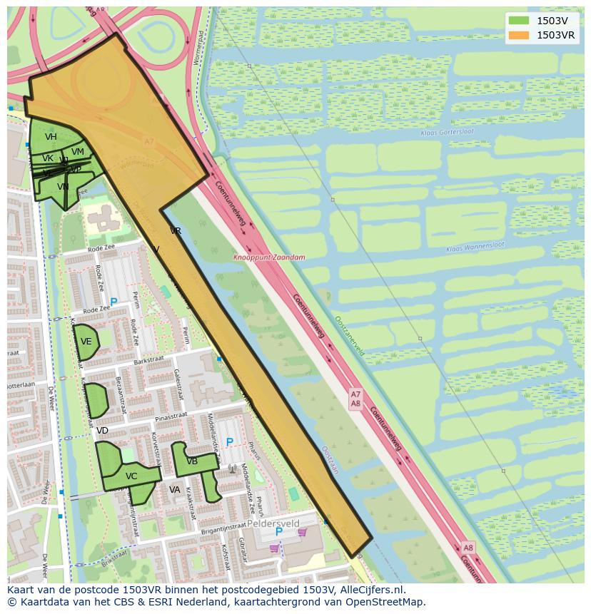 Afbeelding van het postcodegebied 1503 VR op de kaart.