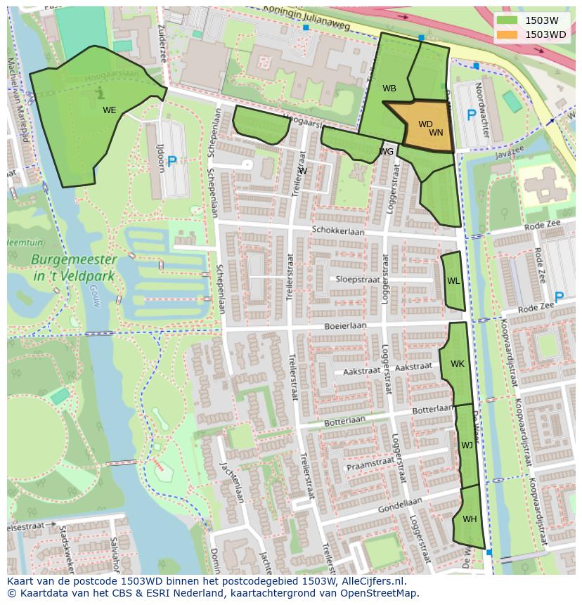 Afbeelding van het postcodegebied 1503 WD op de kaart.