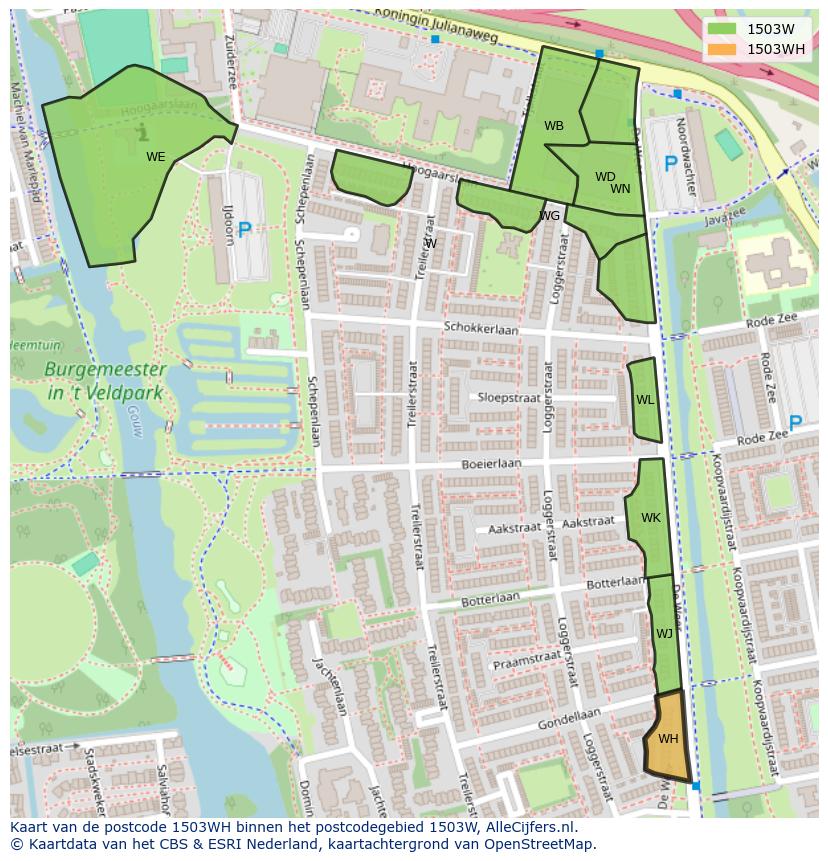 Afbeelding van het postcodegebied 1503 WH op de kaart.