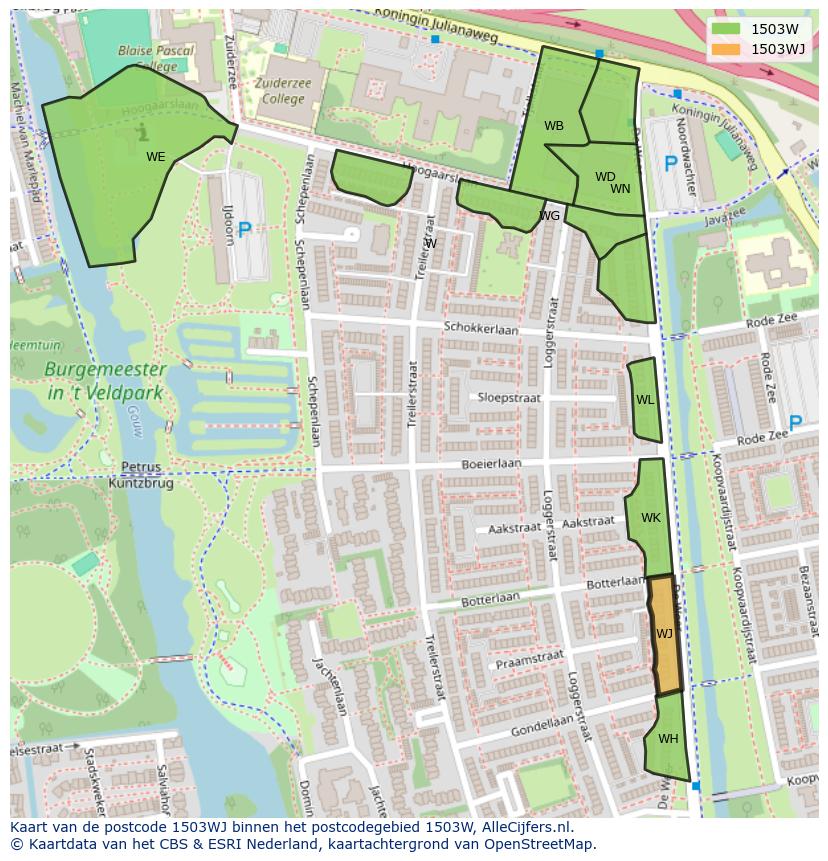 Afbeelding van het postcodegebied 1503 WJ op de kaart.