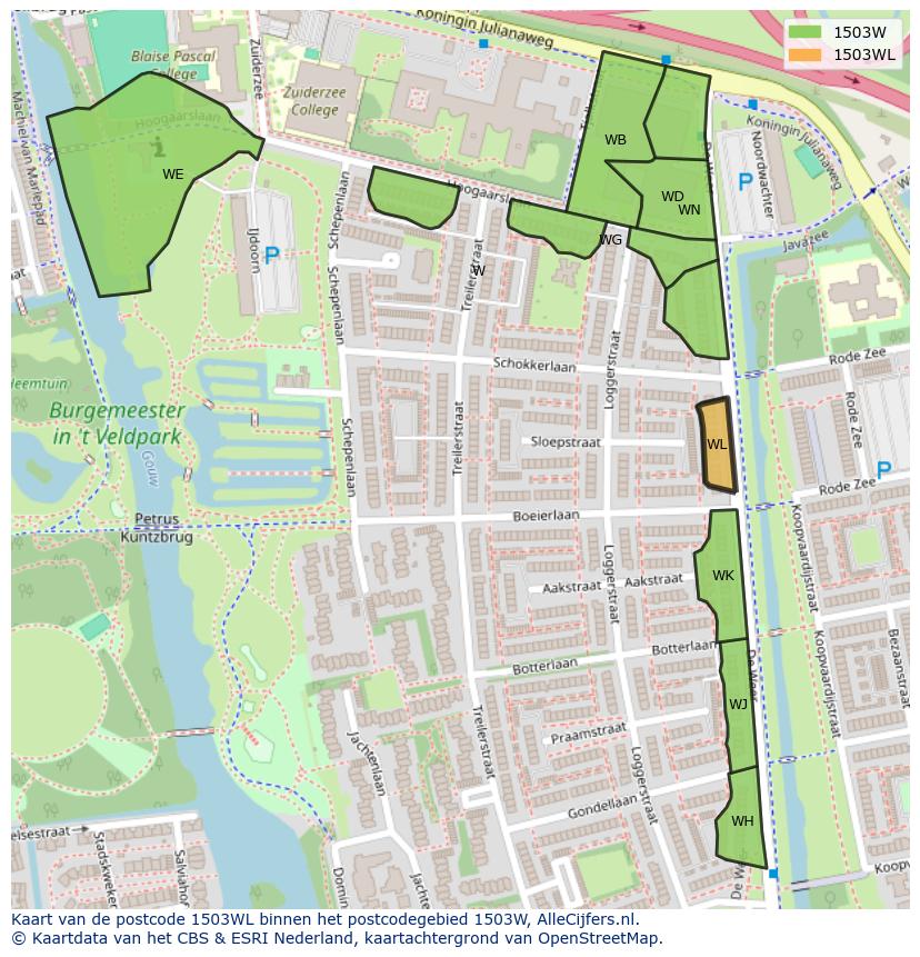 Afbeelding van het postcodegebied 1503 WL op de kaart.