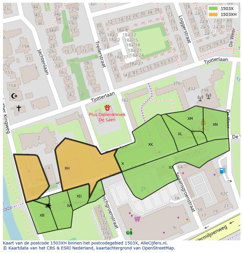 Afbeelding van het postcodegebied 1503 XH op de kaart.
