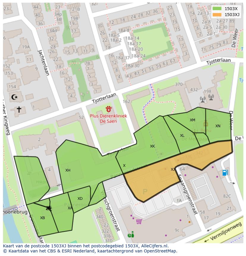 Afbeelding van het postcodegebied 1503 XJ op de kaart.
