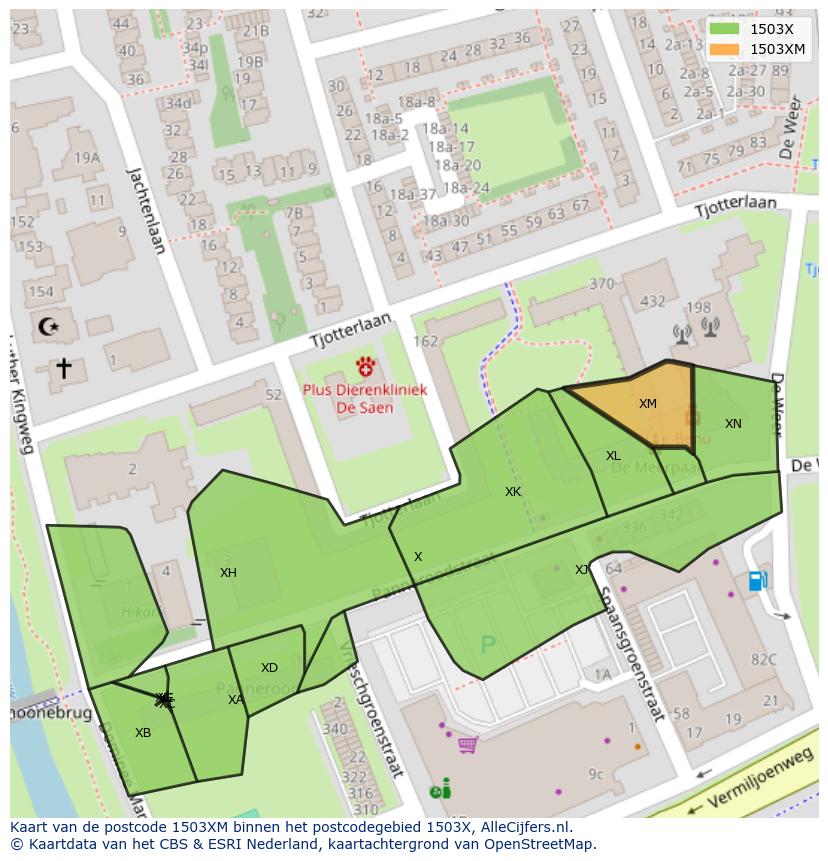 Afbeelding van het postcodegebied 1503 XM op de kaart.