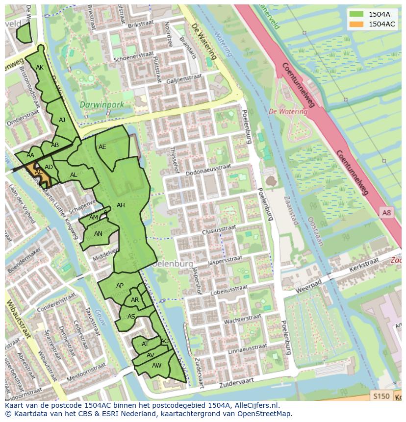 Afbeelding van het postcodegebied 1504 AC op de kaart.
