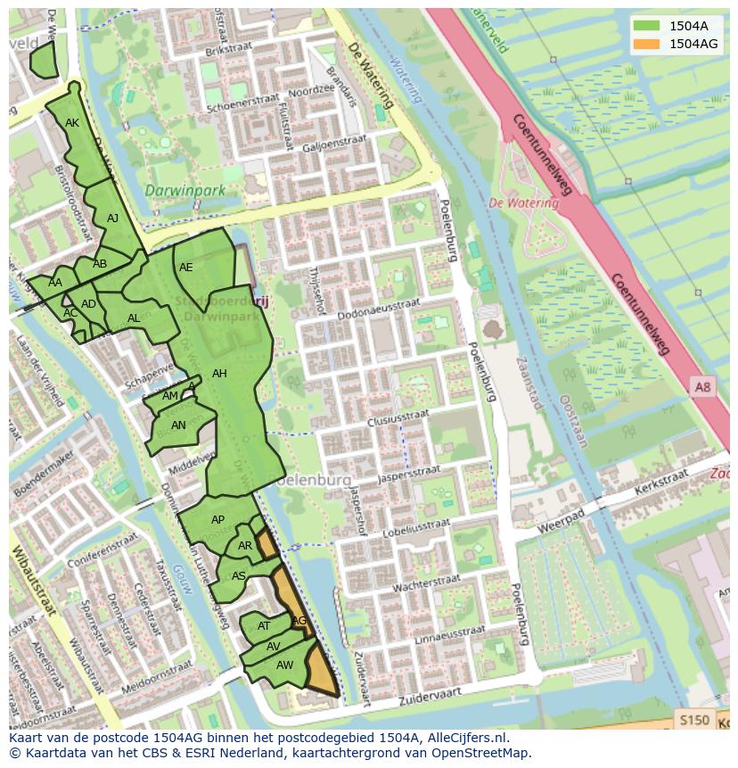 Afbeelding van het postcodegebied 1504 AG op de kaart.