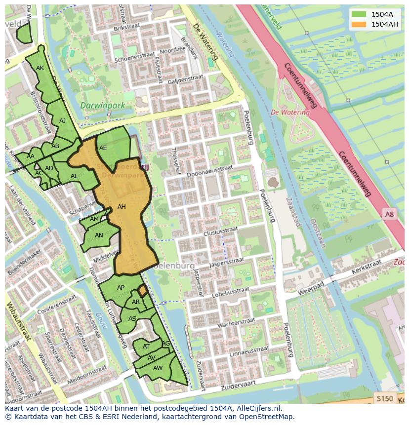Afbeelding van het postcodegebied 1504 AH op de kaart.