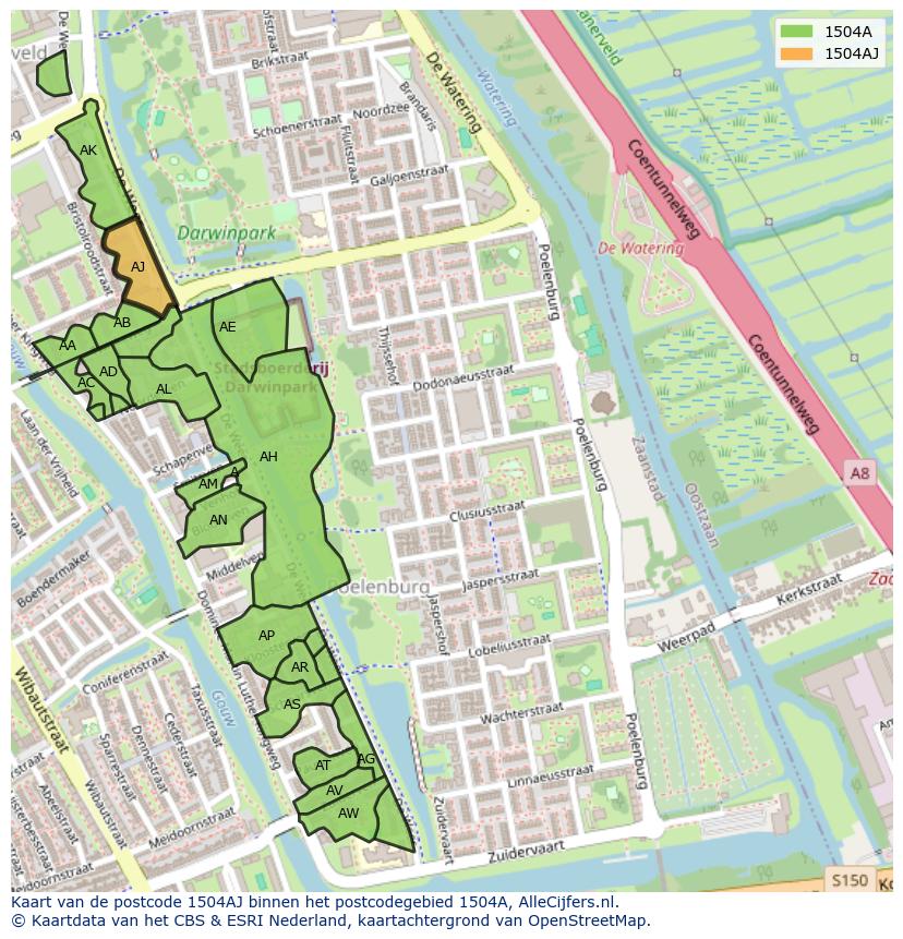 Afbeelding van het postcodegebied 1504 AJ op de kaart.