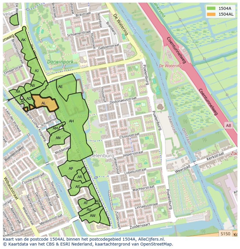 Afbeelding van het postcodegebied 1504 AL op de kaart.