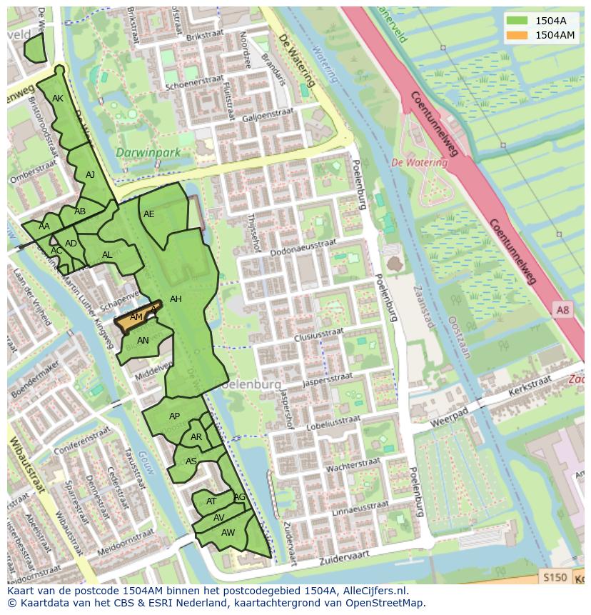 Afbeelding van het postcodegebied 1504 AM op de kaart.