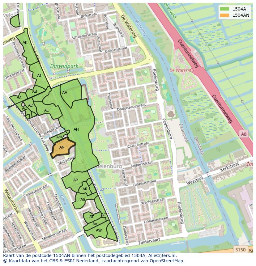 Afbeelding van het postcodegebied 1504 AN op de kaart.